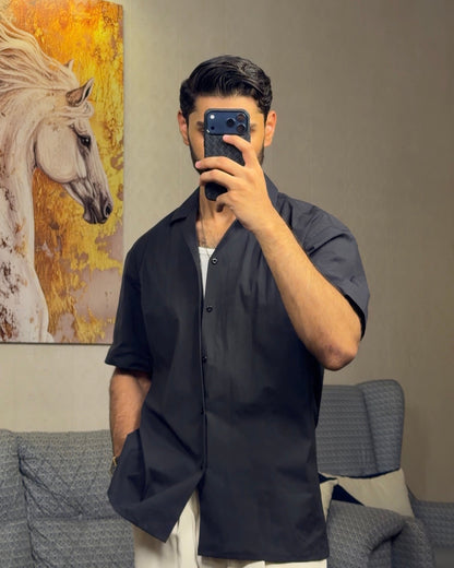 Black Cuban Collar Shirt
