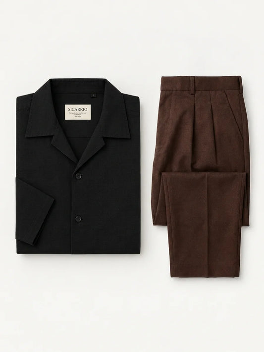 Black Cuban Collar Shirt + Brown Pleated Pants