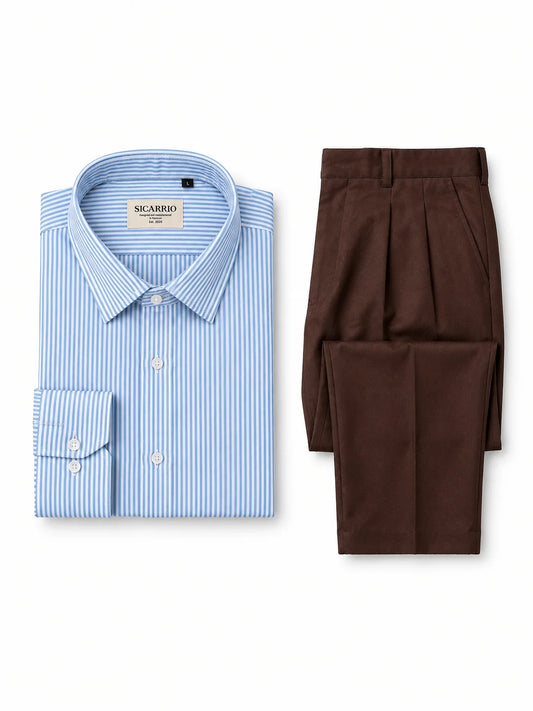 Blue Striped Shirt + Brown Pleated Pants