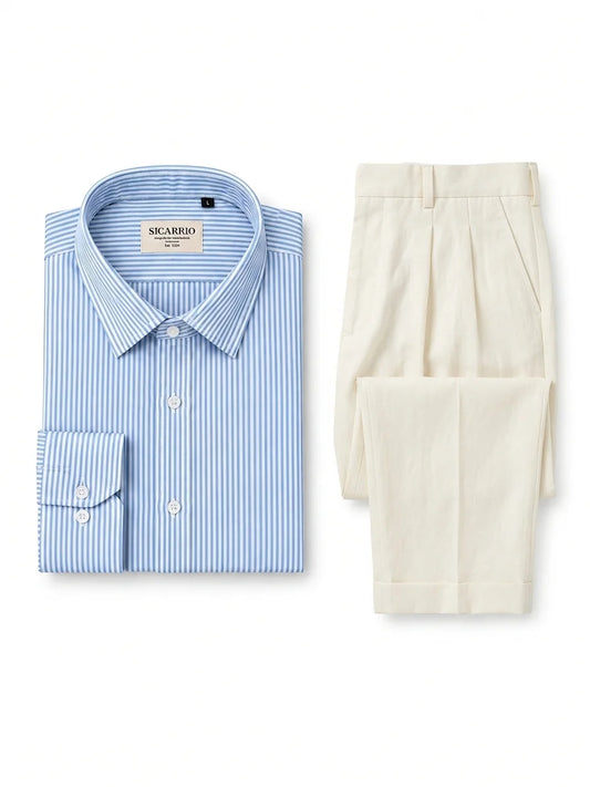 Blue Striped Shirt + Ivory Pleated Pants