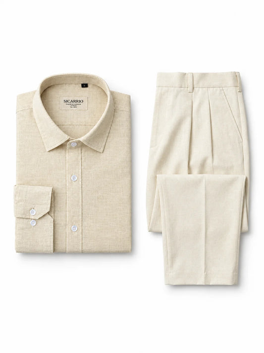 Butter Yellow Irish Linen Shirt + Ivory Pleated Pants