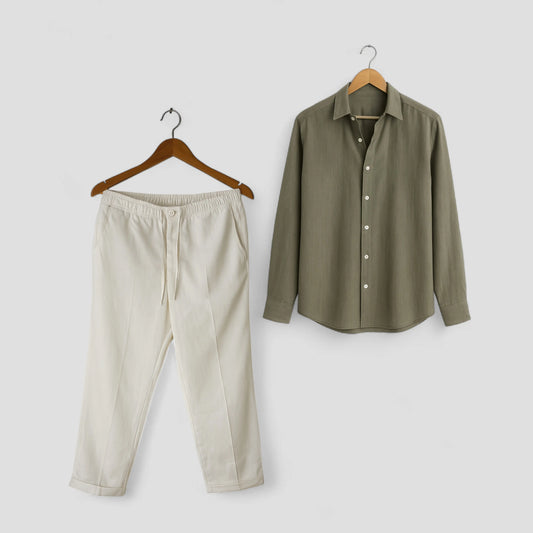 Green Linen Shirt & White Linen Pant Set