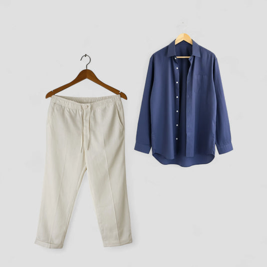 Blue Cotton Shirt & White Linen Pant Set