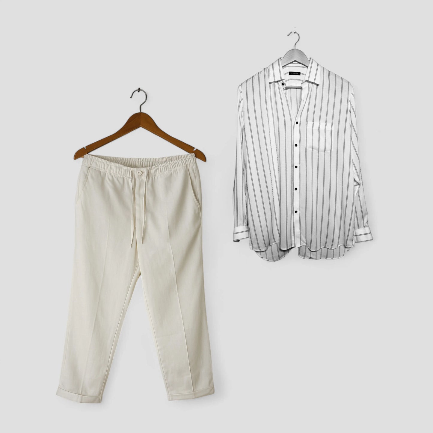 White Striped Shirt & White Linen Pant Set