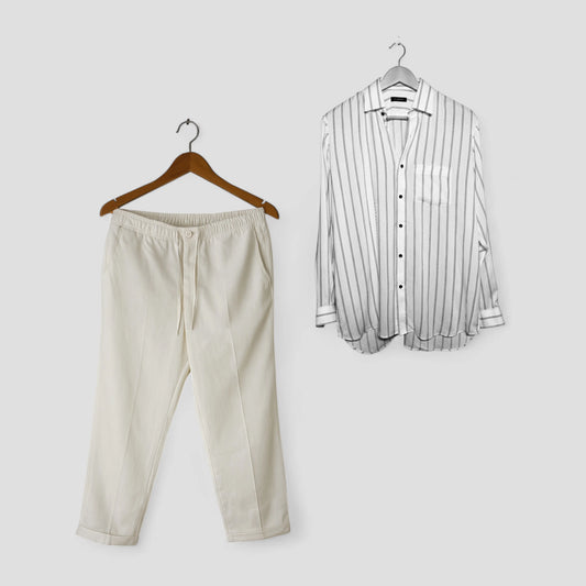 White Striped Shirt & White Linen Pant Set